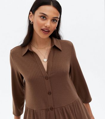 brown ribbed button dress