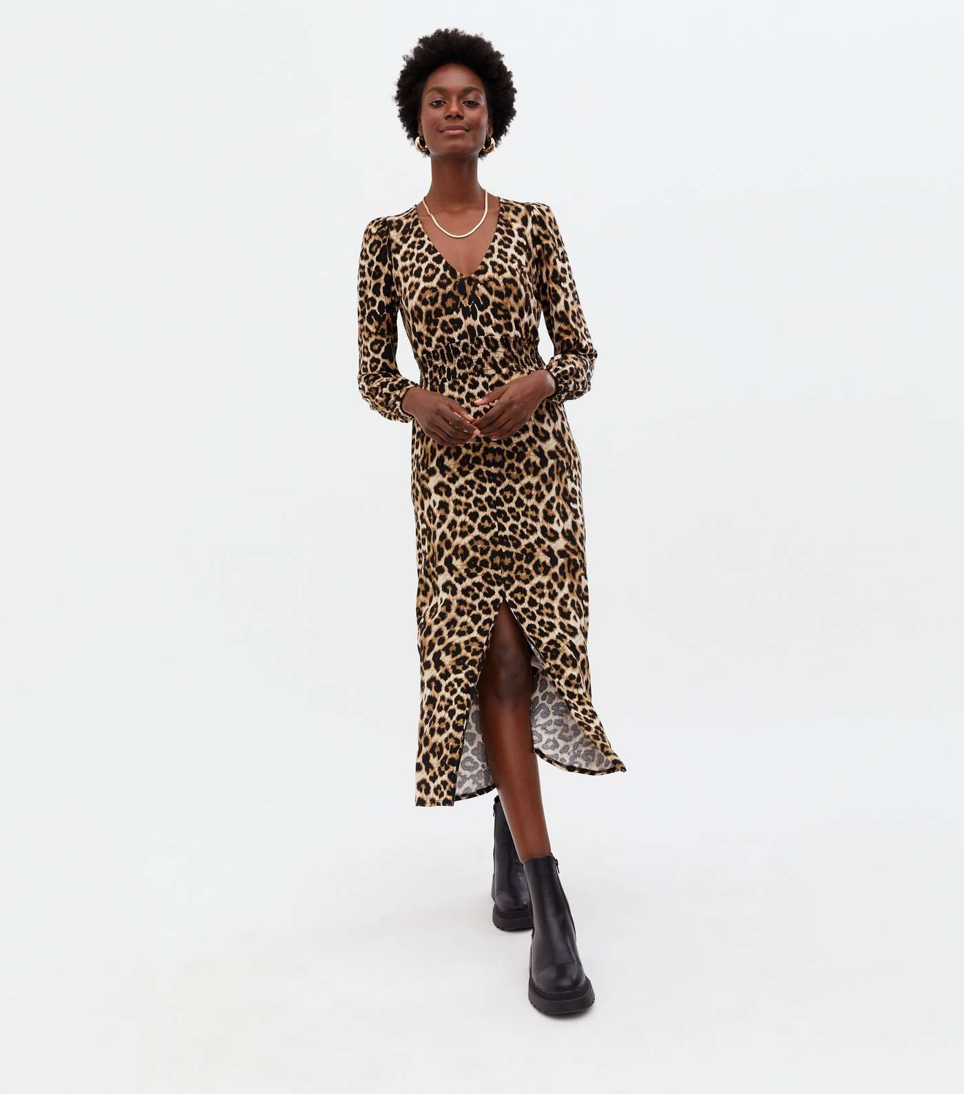 Brown Leopard Print V Neck Shirred Midi Dress Image 2
