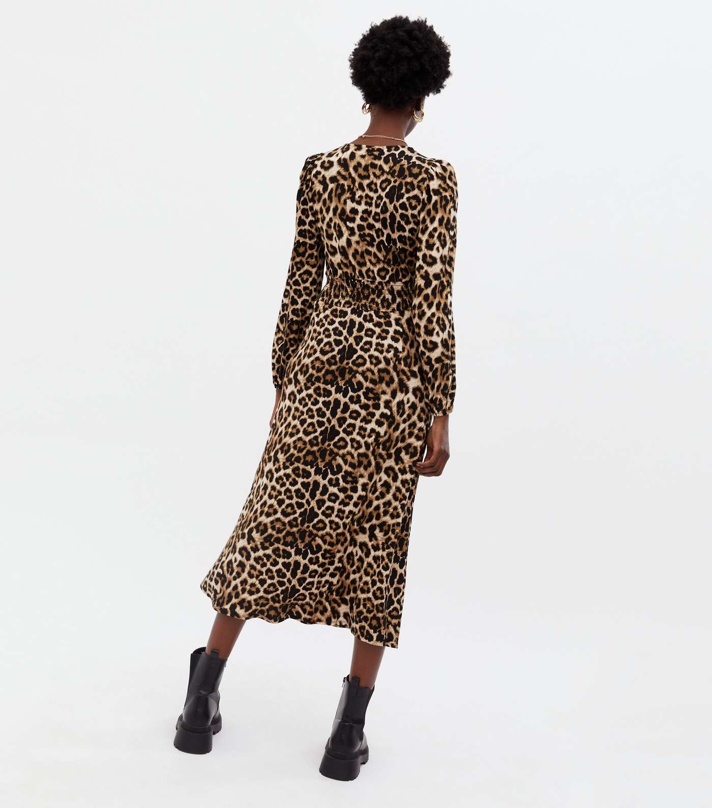 Brown Leopard Print V Neck Shirred Midi Dress Image 4