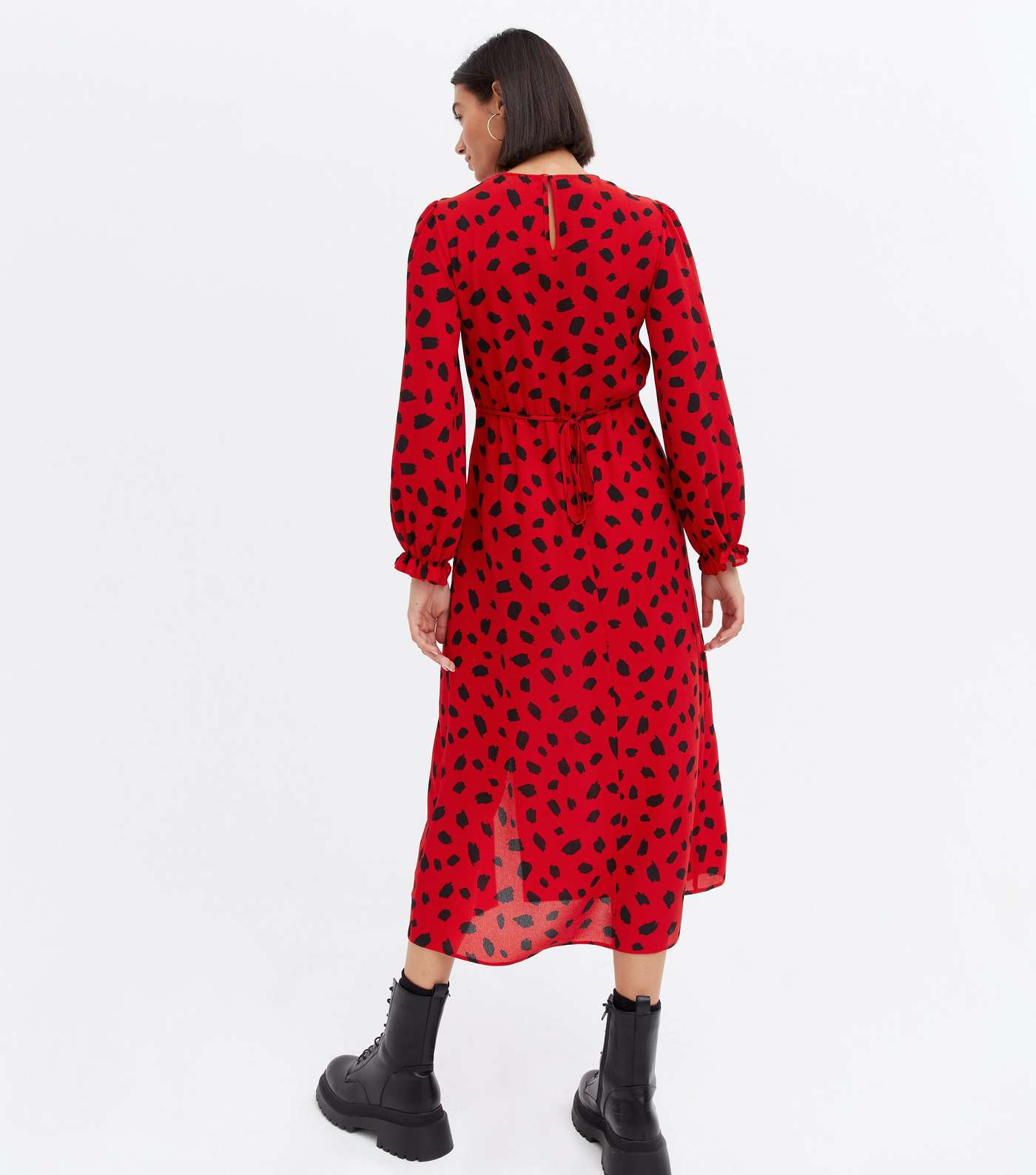 Red Abstract Long Sleeve Split Hem Midi Dress Image 4