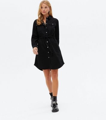 Black Denim Tie Waist Mini Shirt Dress