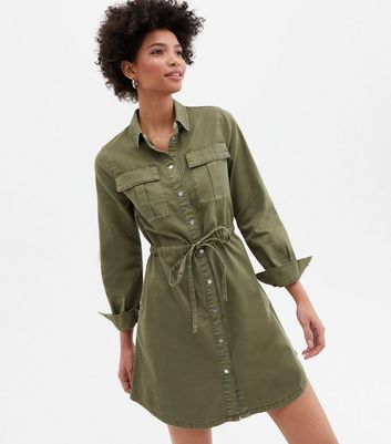 Khaki Denim Tie Waist Long Sleeve Mini Shirt Dress