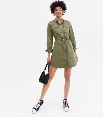 Khaki Denim Tie Waist Long Sleeve Mini Shirt Dress New Look