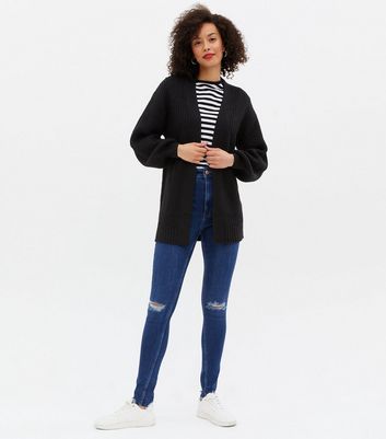 Tall Black Ribbed Knit Long Cardigan 