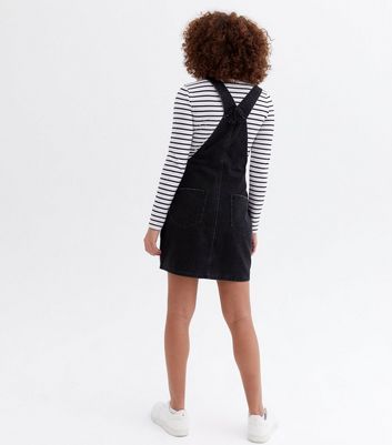 Black Denim Pocket Front Pinafore Dress 
