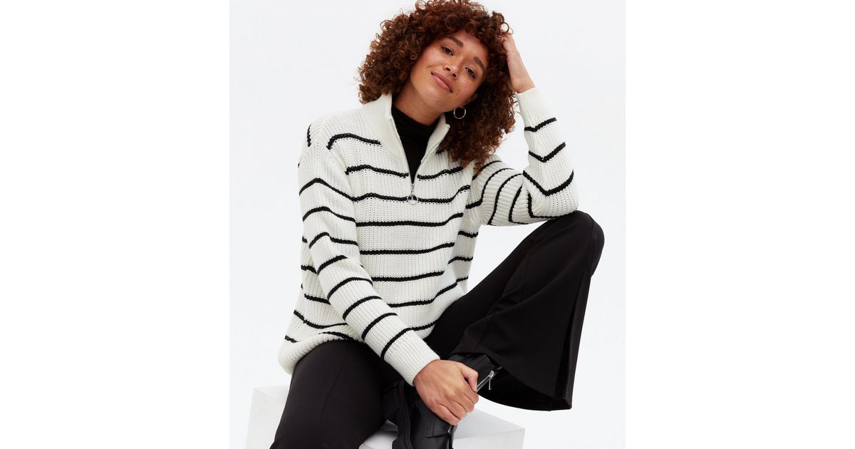 White Stripe Ribbed Zip Collar Jumper New Look