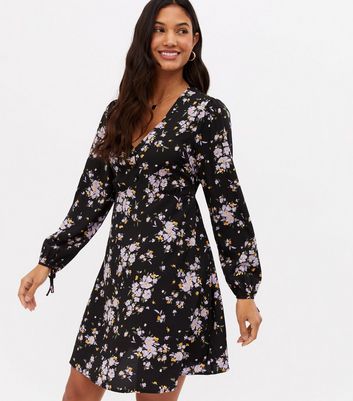 Black Floral V Neck Mini Tea Dress 