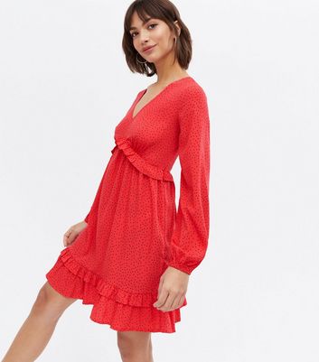 Red Heart V Neck Frill Open Back Mini Dress New Look