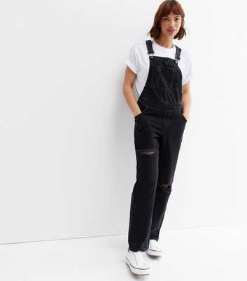 Black Denim Ripped Dungarees