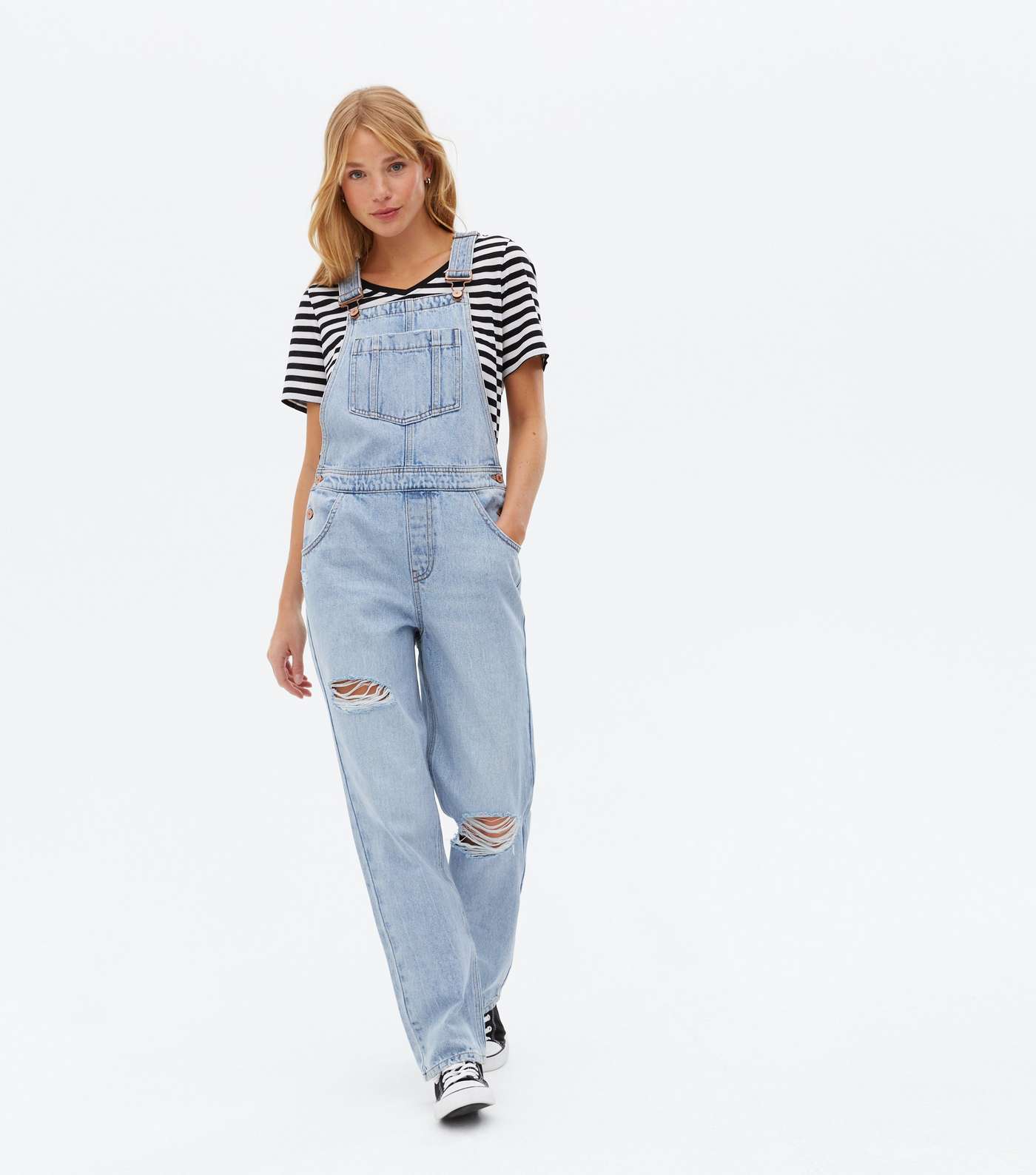 Bright Blue Denim Ripped Dungarees Image 2