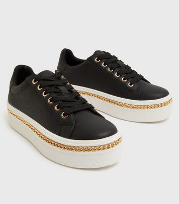 Black Chain Trim Chunky Lace Up Trainers | New Look