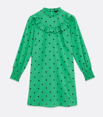 Green Spot Frill Yoke High Neck Mini Dress New Look