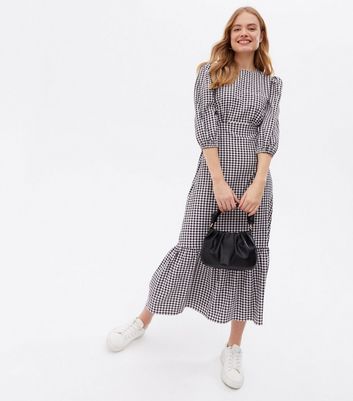 Black Gingham Tiered Puff Sleeve Midi Dress New Look