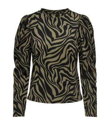 Only Petite Khaki Zebra Print Puff Sleeve Top New Look