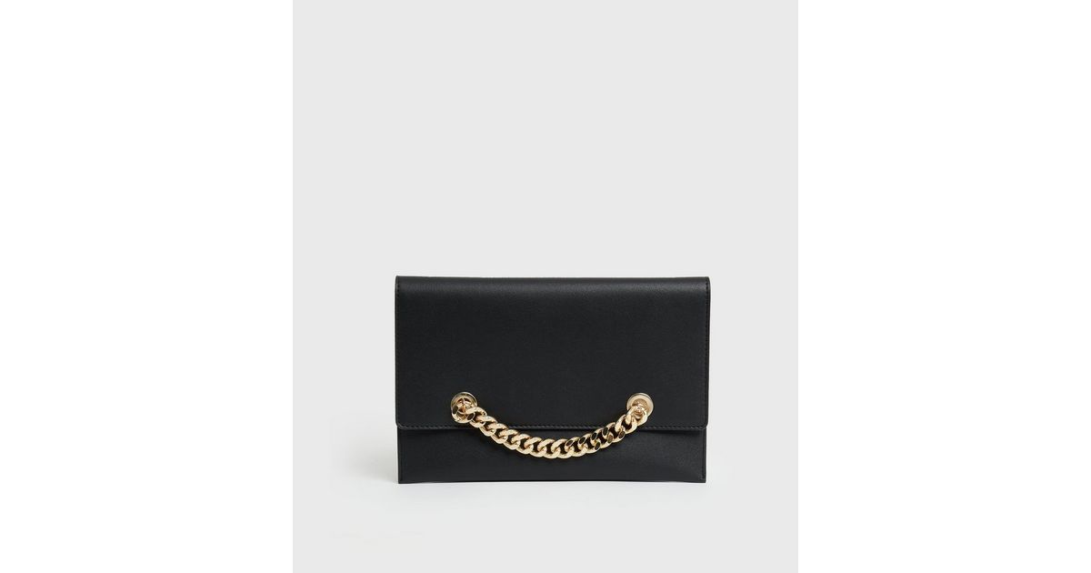 Black LeatherLook Chain Clutch Bag New Look