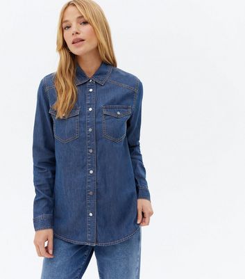 Blue Denim Long Shirt | New Look