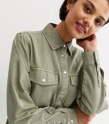 Olive Denim Oversized Shirt New Look