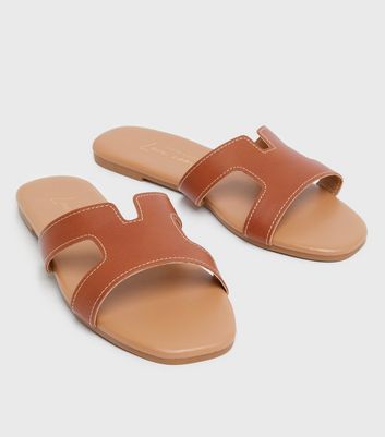 womens tan leather sliders