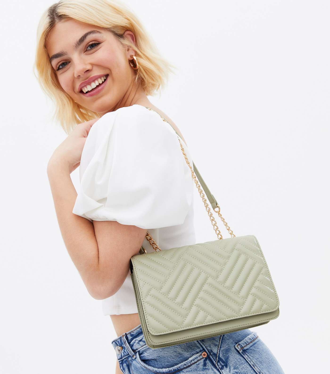 Light Green Quilted Chain Cross Body Bag Image 2