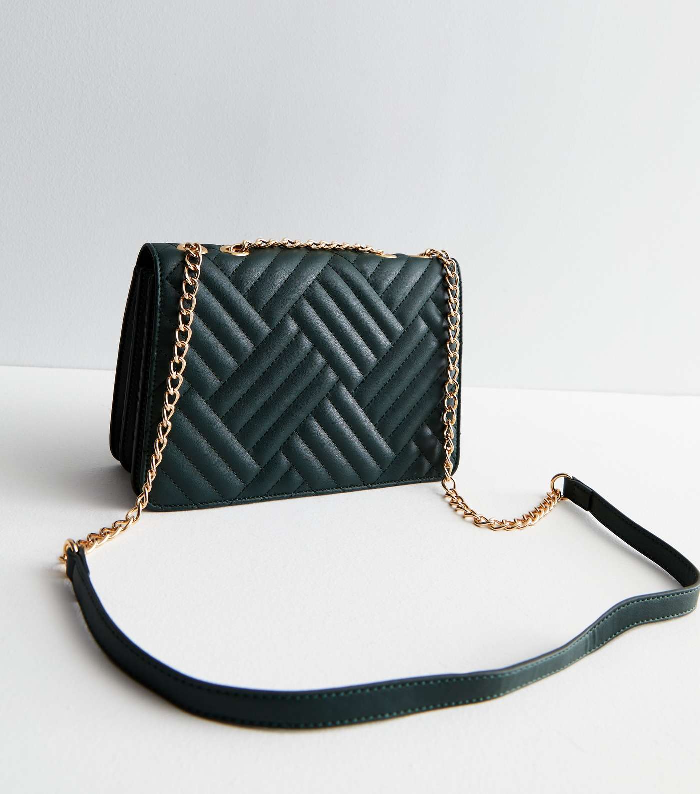 Dark Green Quilted Chain Cross Body Bag