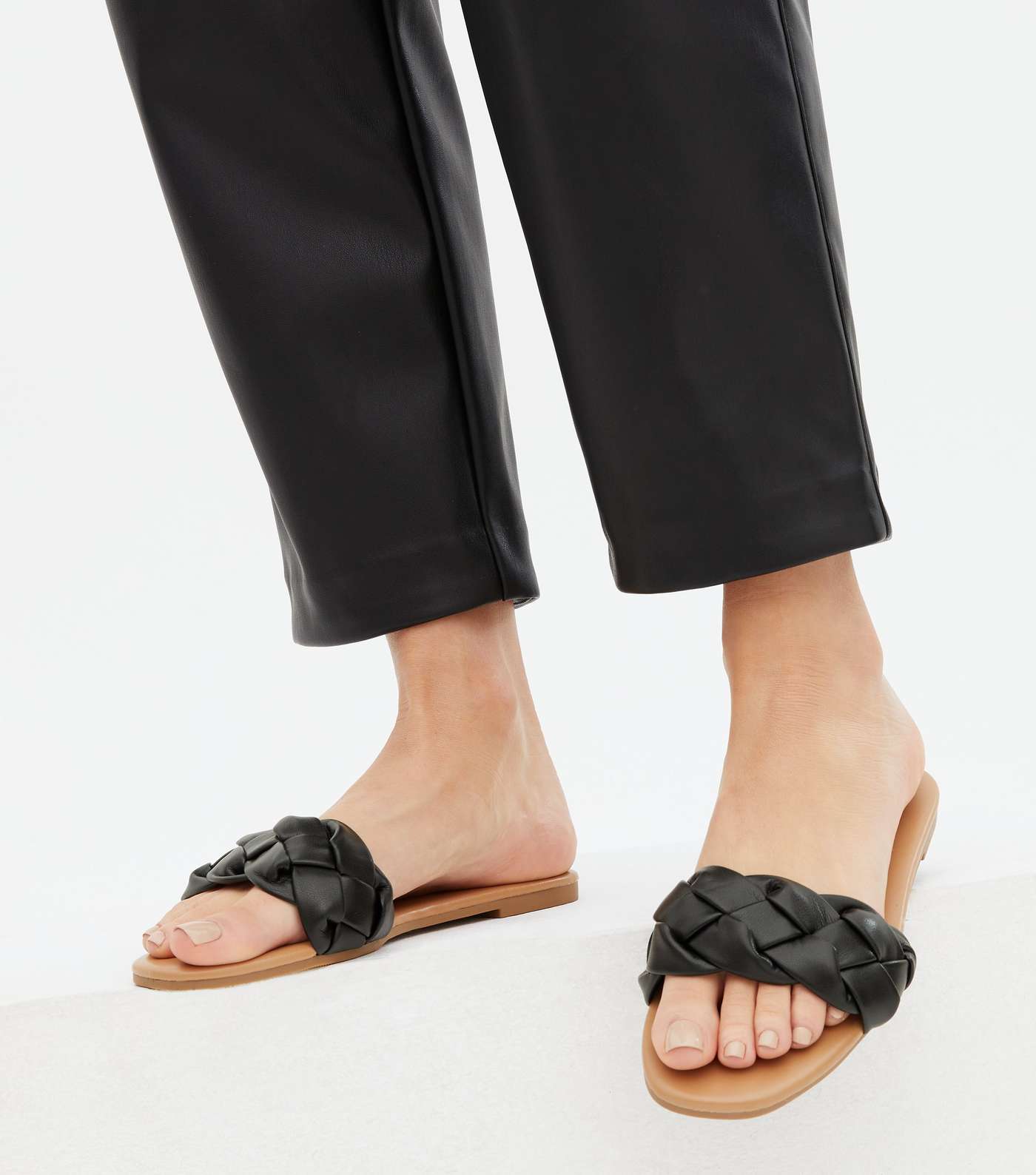 Wide Fit Black Plaited Open Toe Sliders Image 2