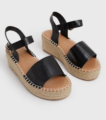 shop for Wide Fit Black Faux Croc Espadrille Chunky Sandals New Look Vegan at Shopo