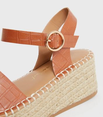 Wide Fit Tan Faux Croc Espadrille Chunky Sandals New Look Vegan