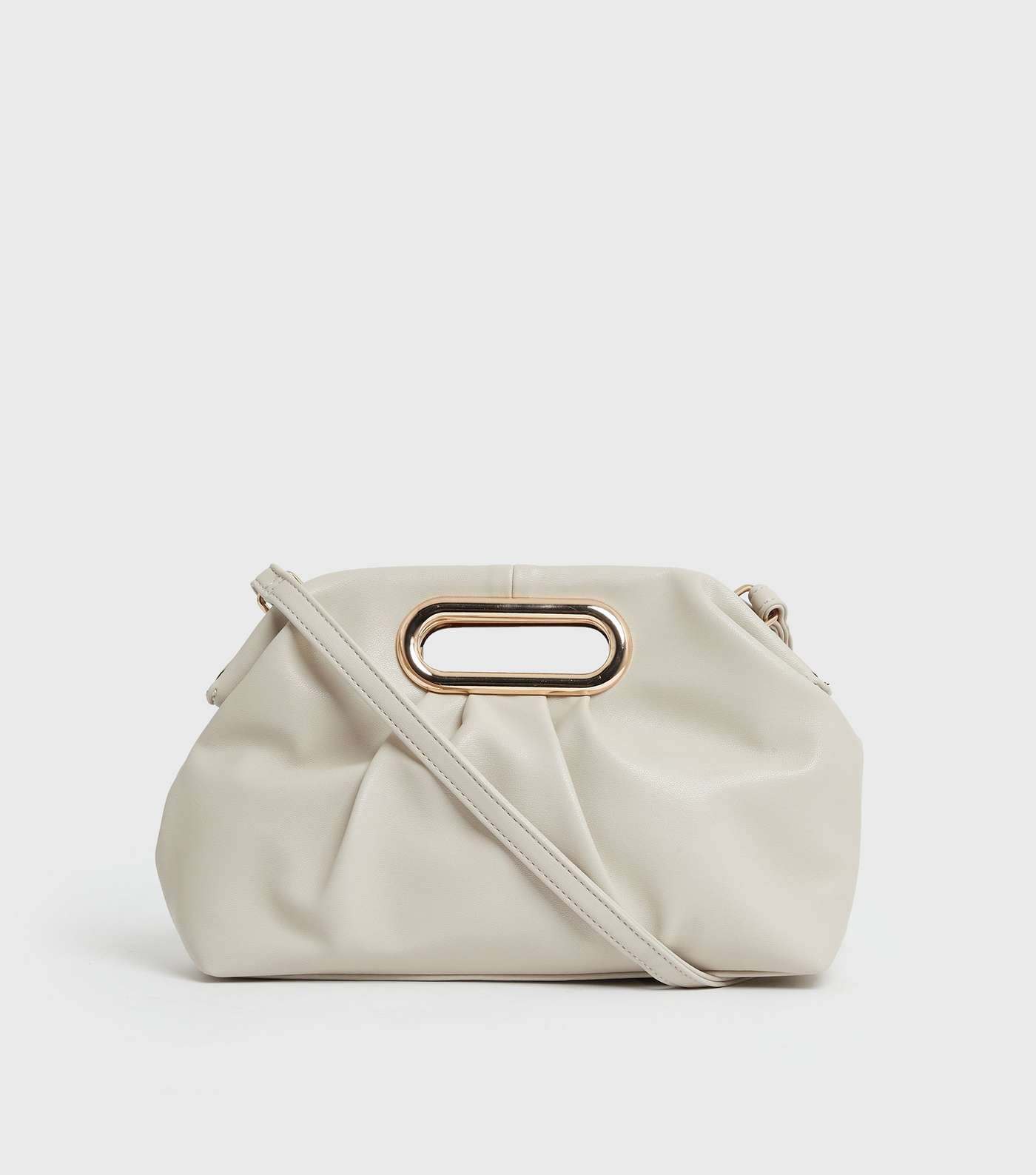 Cream Leather-Look Ruched Clutch Bag