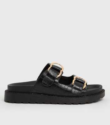 Black Faux Croc Double Buckle Chunky Sliders