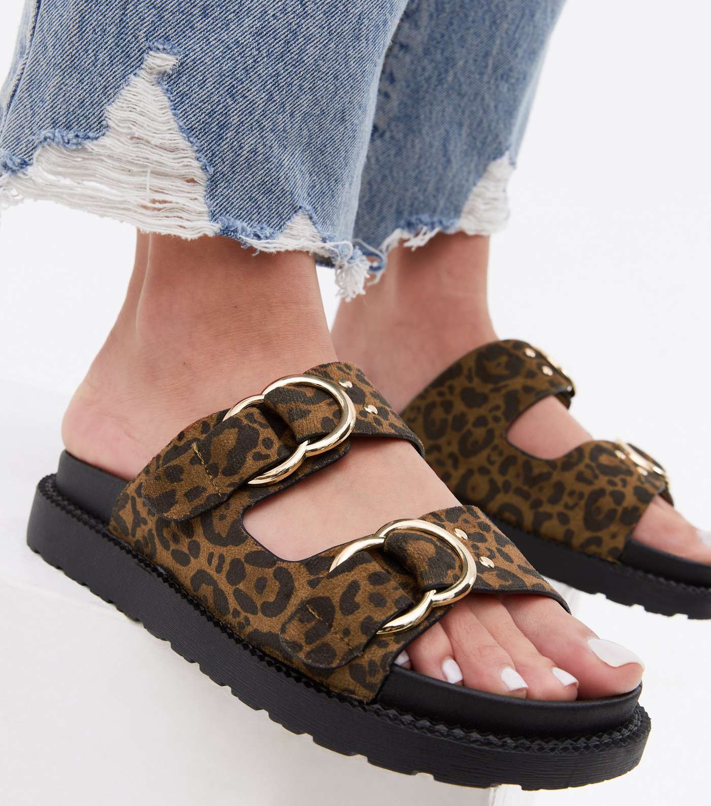 Brown Leopard Print Suedette Chunky Sliders Image 2