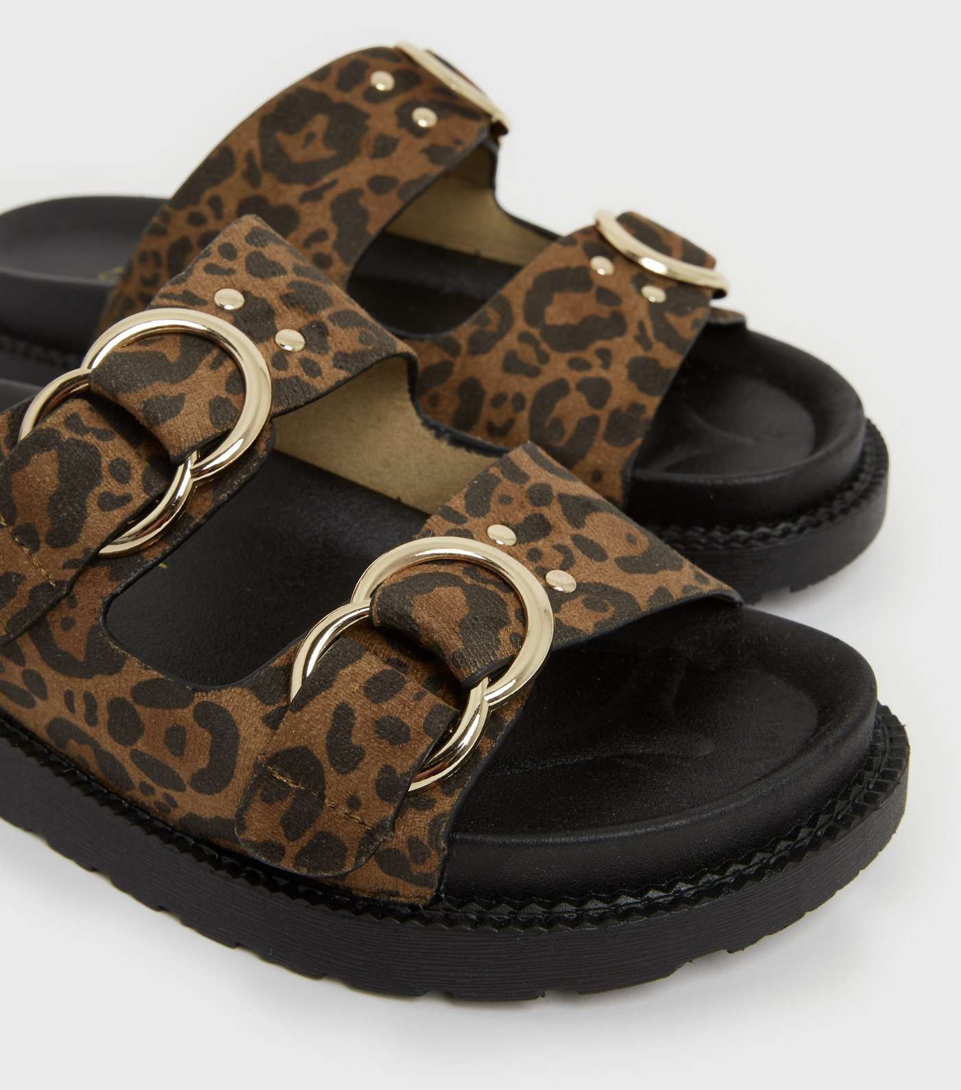 Brown Leopard Print Suedette Chunky Sliders Image 4