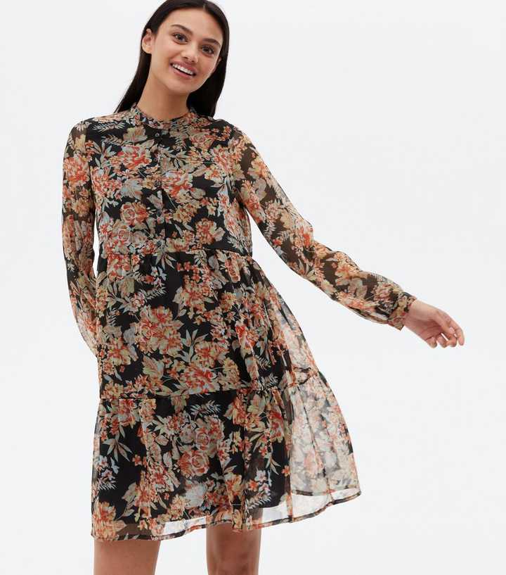 Muligt nåde tilfældig Vero Moda Black Floral Chiffon Tiered Mini Shirt Dress | New Look