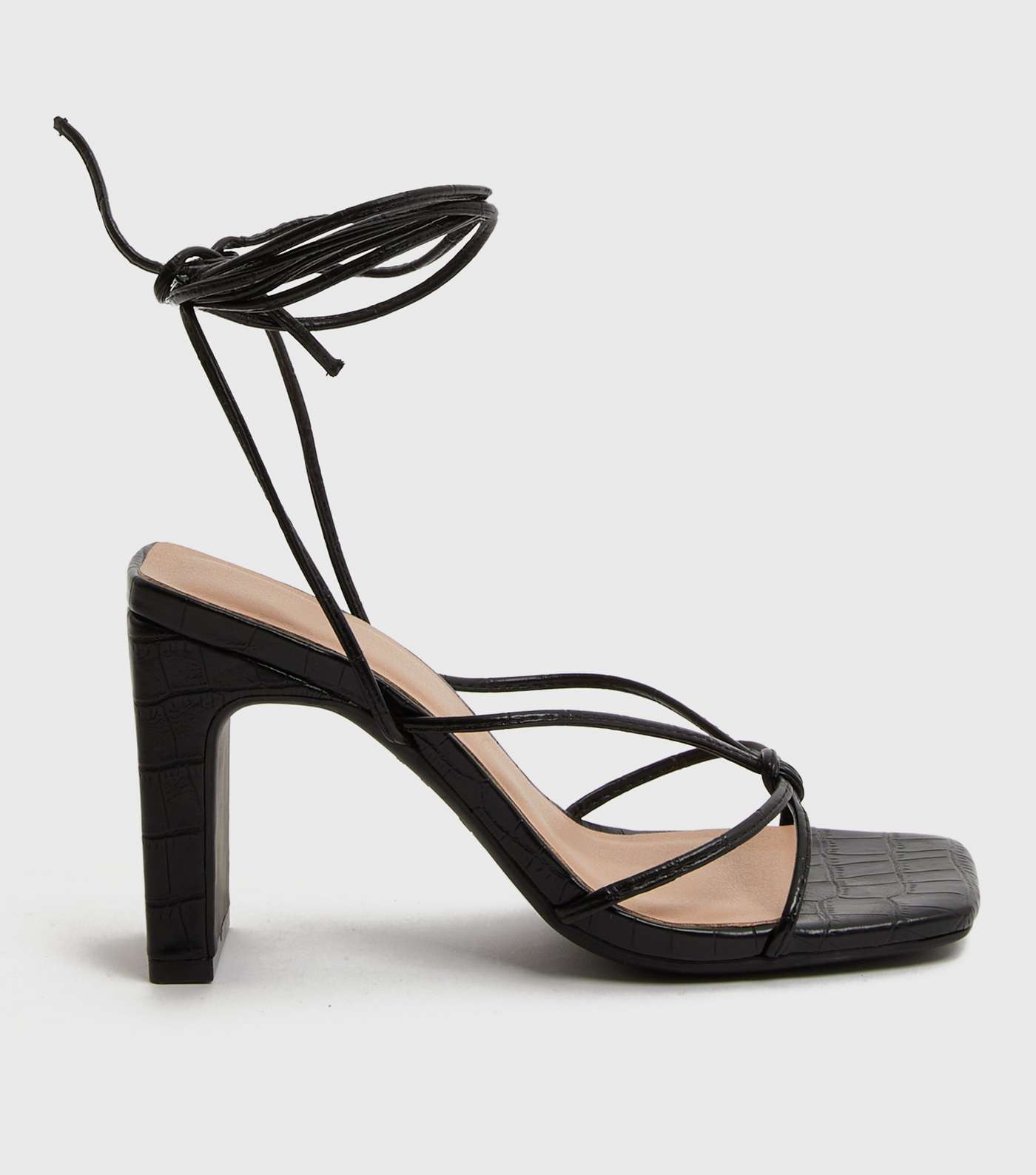 Black Faux Croc Strappy Ankle Tie Block Heel Platform Sandals