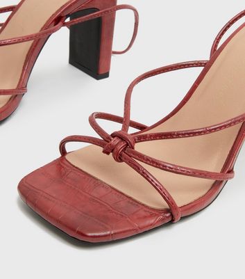 shop for Red Faux Croc Strappy Ankle Tie Block Heel Sandals New Look Vegan at Shopo