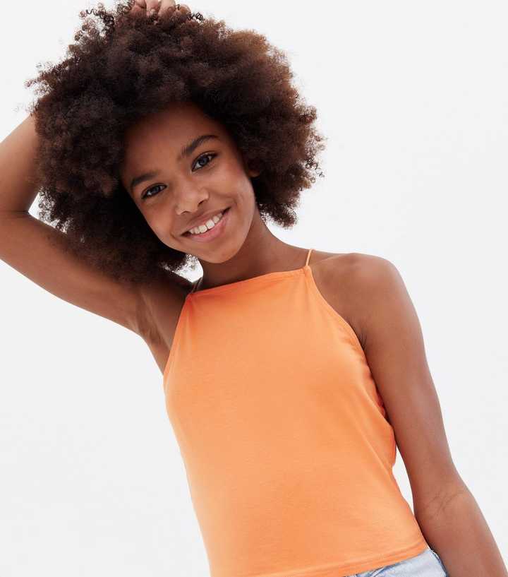 Girls Orange Spaghetti Strap Square Neck Cami