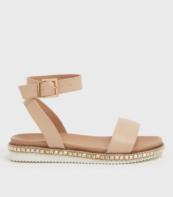 Wide Fit Pale Pink Stud Trim Footbed Sandals