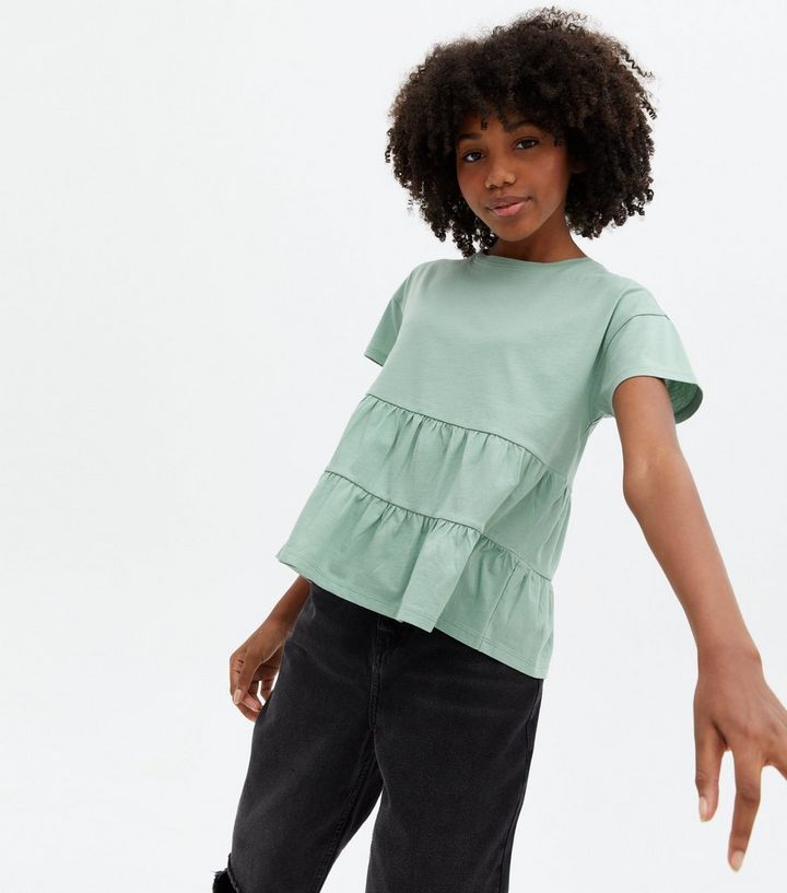 wireless turtle Accountant Girls Light Green Tiered Hem T-Shirt | New Look