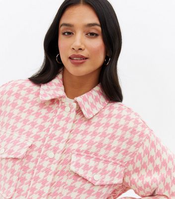 Click to view product details and reviews for Petite Pink Check Boucl&eacute; Double Pocket Shacket New Look.