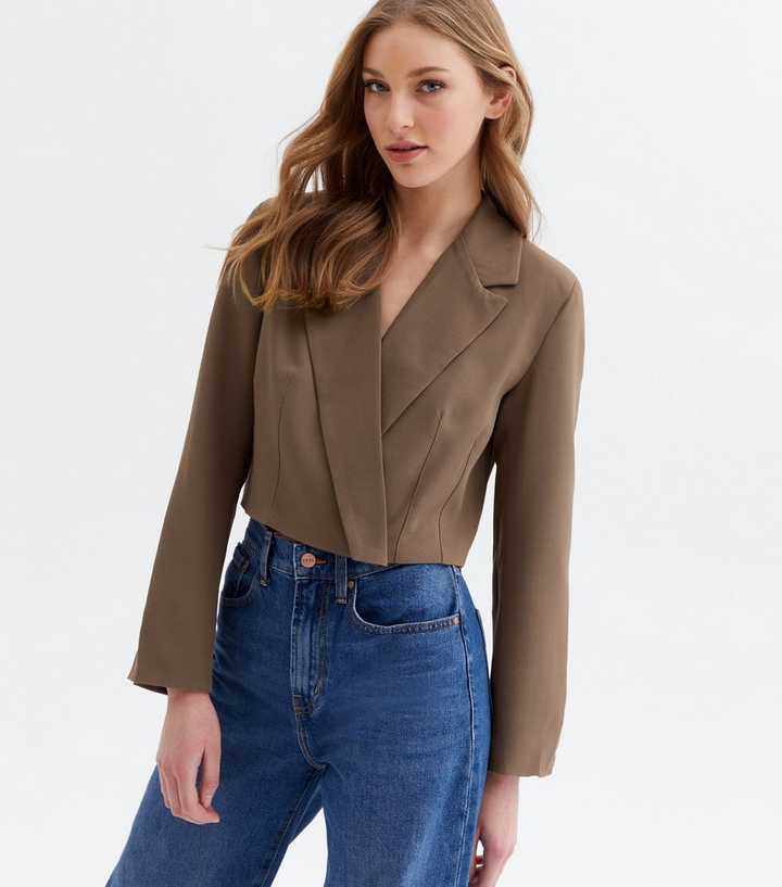 Cameo Rose Dark Brown Long Sleeve Crop Blazer