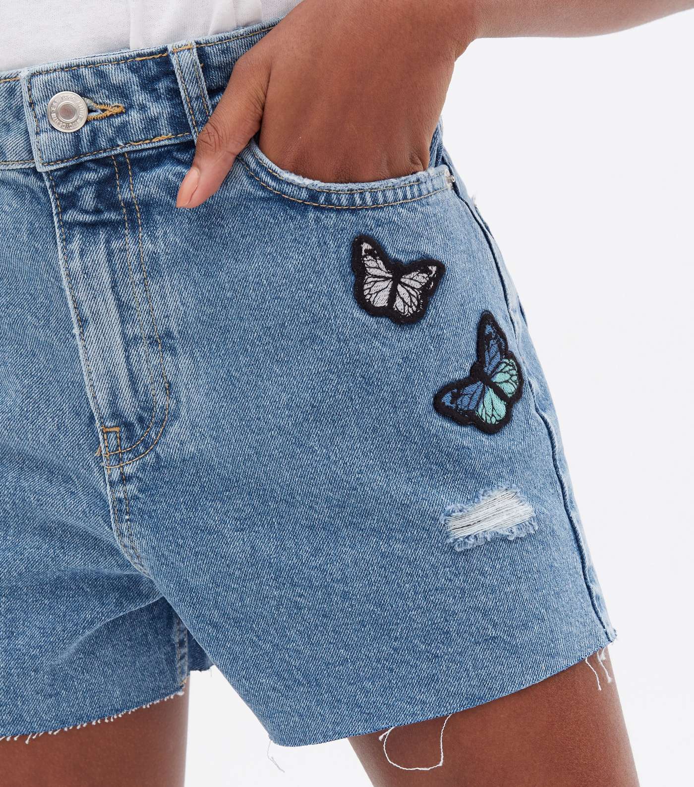 Girls Blue Butterfly Denim Ripped Frayed Hem Mom Shorts Image 3
