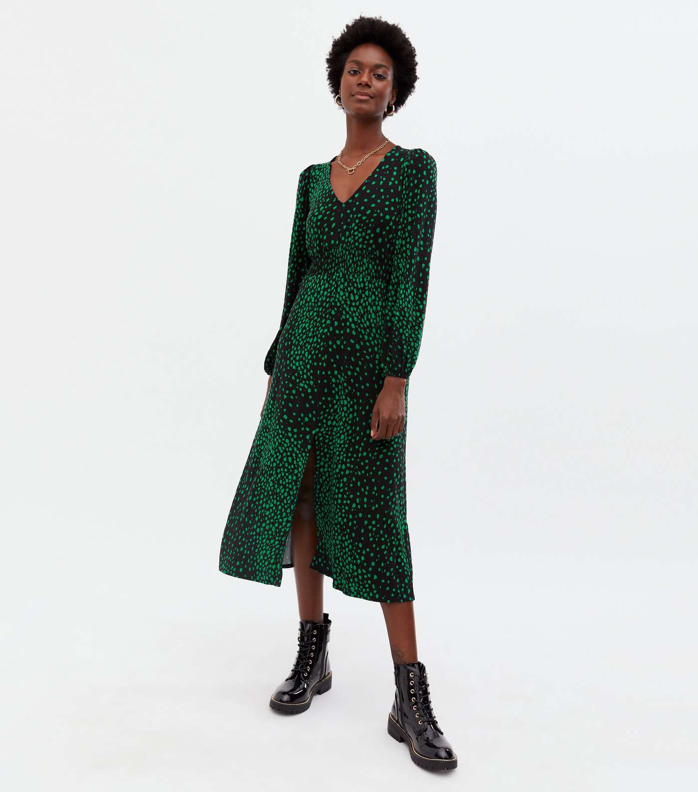 Green Animal Print Shirred V Neck Midi Dress