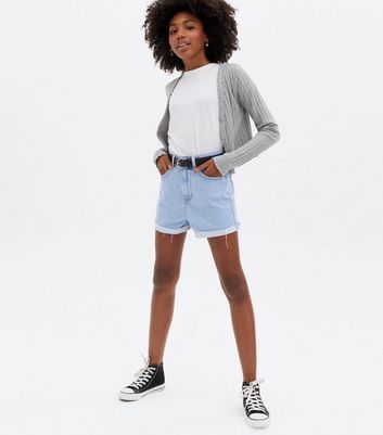 Girls Pale Blue Denim Turn Up Belted 