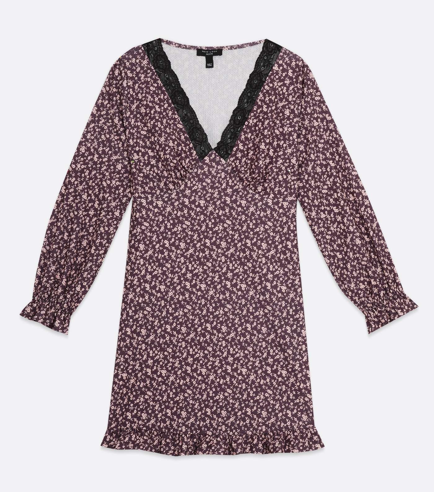 Petite Black Floral Lace Trim Long Sleeve Mini Dress Image 5