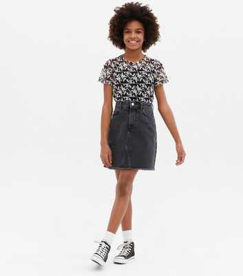 Girls Black Denim Ripped Frayed Hem Mom Skirt
