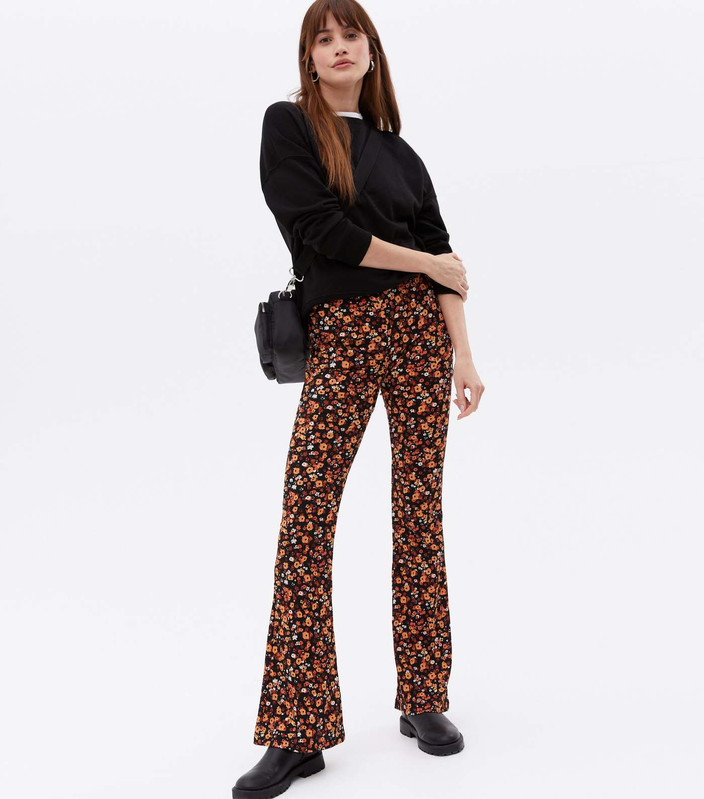 Tall Brown Ditsy Floral High Waist Flared Trousers
