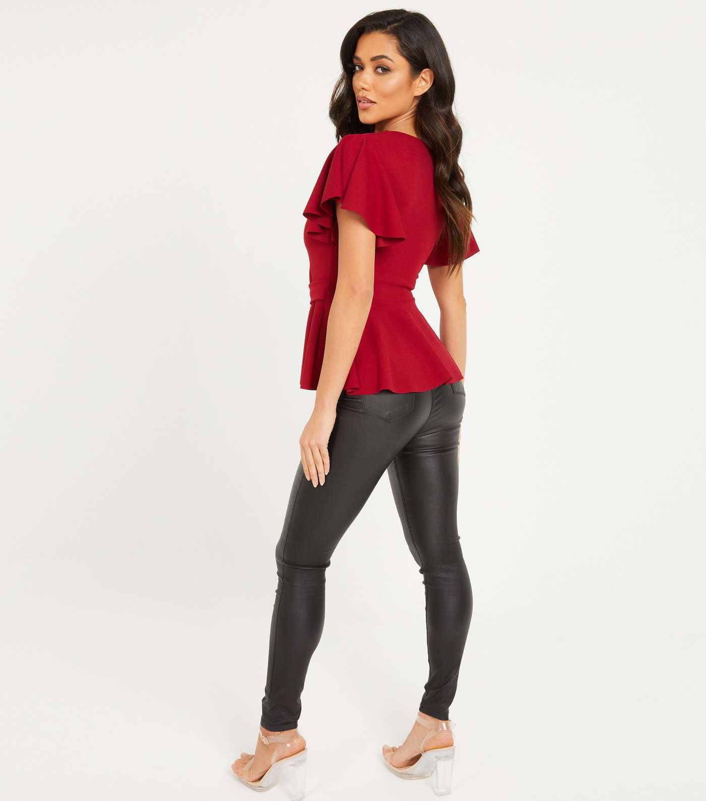 QUIZ Red Scuba Peplum Belted Blouse Image 3
