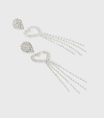 Silver Diamanté Heart Drop Tassel Earrings
