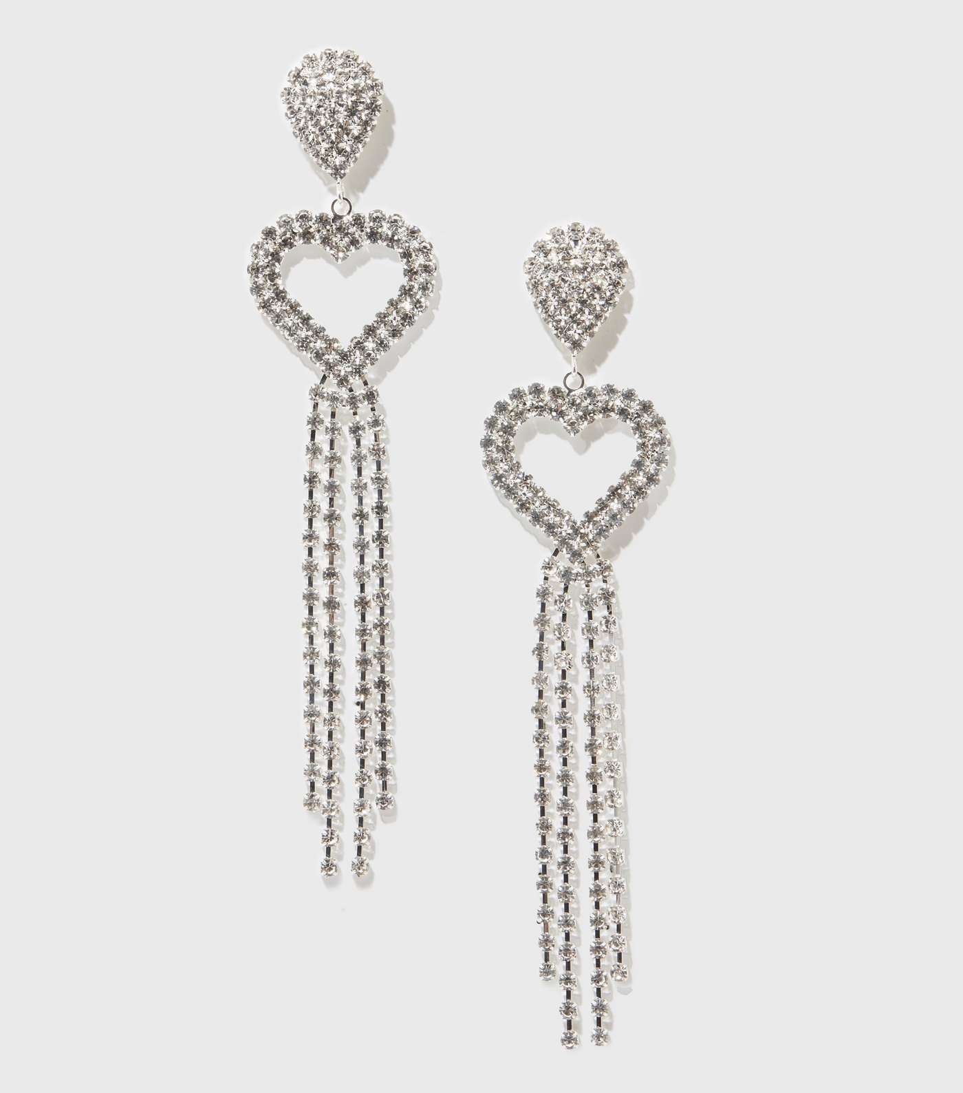 Silver Diamanté Heart Drop Tassel Earrings Image 2