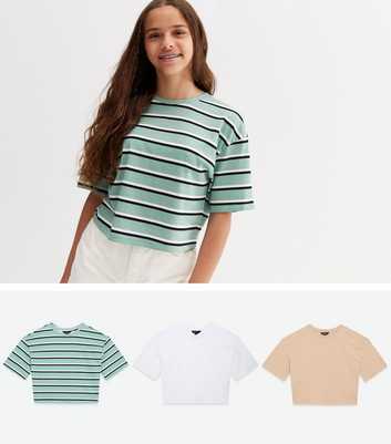 Girls 3 Pack Green Stripe White and Camel T-Shirts