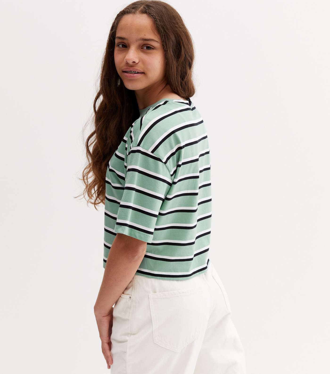 Girls 3 Pack Green Stripe White and Camel T-Shirts Image 4